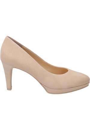 Beige suede high-heeled pump with a rounded toe and a platform front. Features a smooth texture and a modest heel height design.