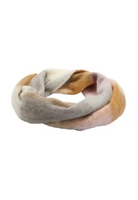 Szalik typu infinity z miękkiej wełny, z ombre w odcieniach brązu, beżu, szarości i stonowanego różu, o gładkiej, ciepłej fakturze.