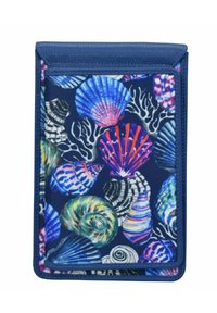 Marineblaues Portemonnaie mit einem lebendigen Muschelmuster in verschiedenen Farben, darunter Pink, Lila und Grün, mit einer glatten Textur und Reißverschluss.