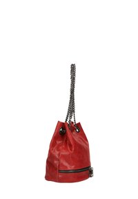 Rode leren emmer tas met een gestructureerde afwerking, een strakke bovenkant en zilveren kettinghengsels. Heeft een ritszak aan de zijkant.