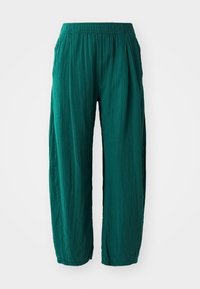 Groene, loszittende broek met een elastische tailleband, gemaakt van een gestructureerde stof met verticale strepen en een relaxed model.