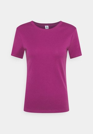 T-shirt uni violet à manches courtes avec col rond, tissu lisse, montré de face sur fond blanc.
