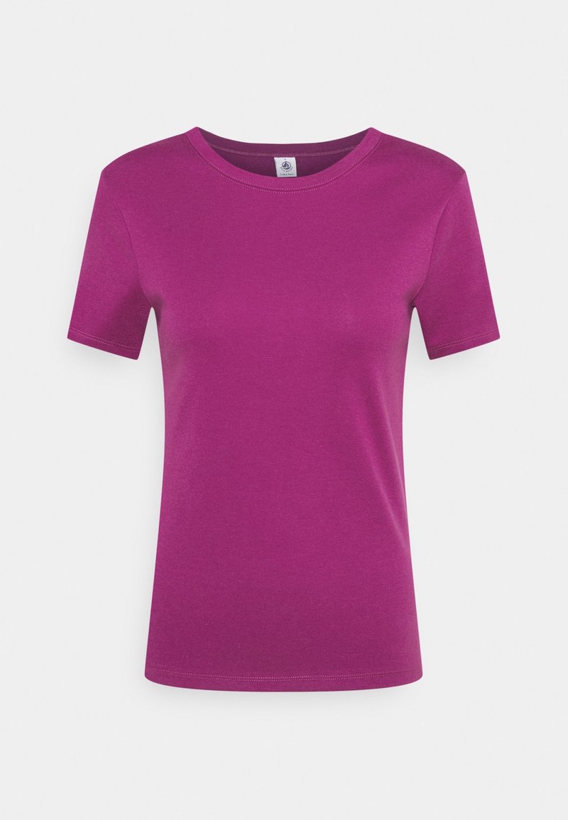 T-shirt uni violet à manches courtes avec col rond, tissu lisse, montré de face sur fond blanc.