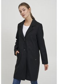 Cappotto in misto lana nero con colletto a rever, chiusura con bottoni frontali, due tasche laterali e silhouette dritta. Tessuto liscio con accenti minimi.