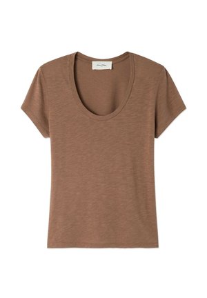 T-shirt marron à manches courtes avec un décolleté en cœur. Fabriqué en tissu doux et texturé. Design léger et décontracté avec une coupe ample.
