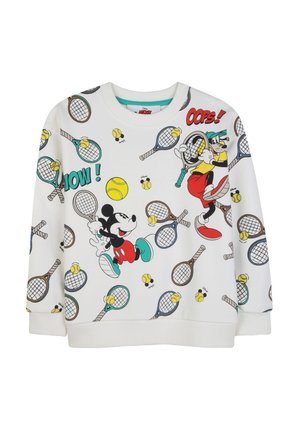Witte trui met Mickey en Goofy die tennis spelen, met verspreide tennisrackets en ballen, en de woorden "WOW!" en "OOPS!" in stripstijl.
