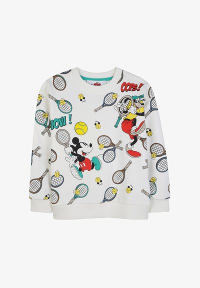 Felpa bianca con Topolino e Pippo che giocano a tennis, racchette e palline sparse, e le parole "WOW!" e "OOPS!" in stile fumetto.
