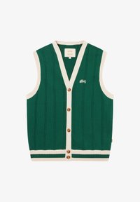 Cárdigan sin mangas de punto verde con ribete blanco, botones marrones, textura vertical y pequeño logo bordado en blanco en el pecho izquierdo.