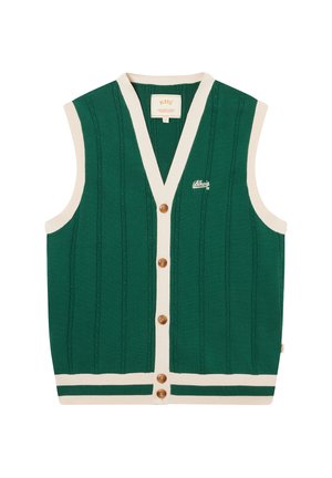 Grønn strikket ermeløs cardigan med hvit kant, brune knapper, vertikal tekstur og liten hvit brodert logo på venstre bryst.
