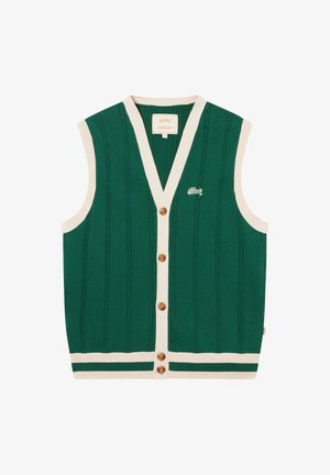 Grønn strikket ermeløs cardigan med hvit kant, brune knapper, vertikal tekstur og liten hvit brodert logo på venstre bryst.