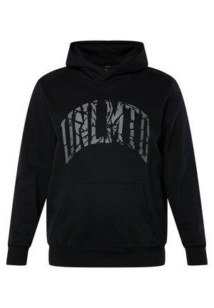 Czarna bluza z kapturem wykonana z miękkiego materiału, z dużym szarym nadrukiem "UNLMTD" w łukowatym wzorze. Posiada kieszeń typu kangur i ścianki rękawów wykończone ściągaczem.