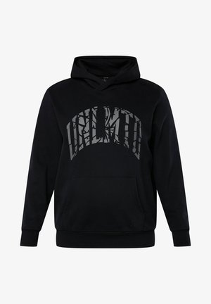 Czarna bluza z kapturem wykonana z miękkiego materiału, z dużym szarym nadrukiem "UNLMTD" w łukowatym wzorze. Posiada kieszeń typu kangur i ścianki rękawów wykończone ściągaczem.