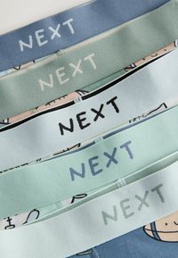 Cinq ceintures élastiques dans des couleurs pastel, chacune avec le mot "NEXT" imprimé dans des polices de couleurs différentes.