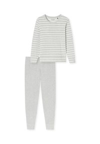Grijze katoenen pyjama set met een lange mouw, ronde hals top met witte horizontale strepen; bijpassende effen grijze broek met een snug fit.