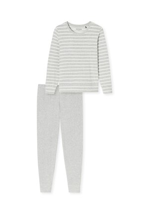 Set di pigiama grigio in cotone composto da maglia a maniche lunghe, collo tondo e righe orizzontali bianche; pantaloni abbinati solidi grigi con una vestibilità aderente.