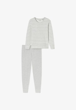 Szary komplet piżamowy z bawełny z długim rękawem, okrągłym dekoltem i białymi poziomymi paskami; pasujące jednolite szare spodnie o dopasowanym kroju.