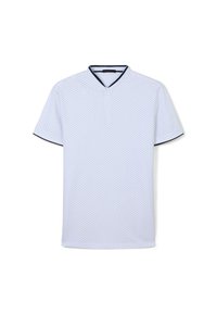 Polo a maniche corte, di colore bianco, con un motivo a pois discreto. Presenta un colletto a V con bordi blu navy e maniche blu navy solide. Tessuto morbido.