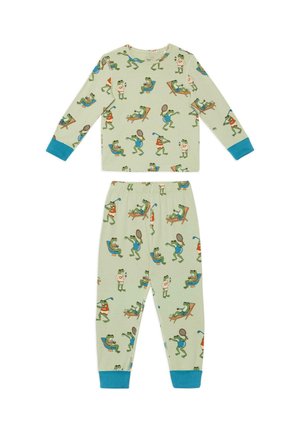 Grünes Kinderpyjama-Set mit blauen Bündchen, verziert mit verspielten Froschillustrationen, die Tennis spielen, Golf spielen und auf Liegestühlen entspannen.
