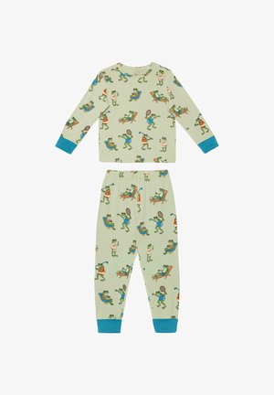 Completo pigiama verde per bambini con polsini blu, caratterizzato da divertenti illustrazioni di rane che giocano a tennis, golf e si rilassano su sdraio.