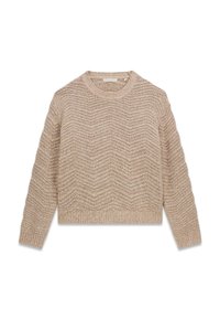 Pull en maille beige avec une texture ondulée, col rond, poignets et ourlet côtelés. Le pull présente une coupe décontractée et des manches longues.