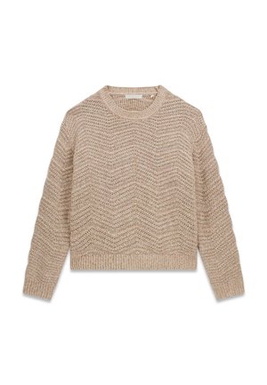Pull en maille beige avec une texture ondulée, col rond, poignets et ourlet côtelés. Le pull présente une coupe décontractée et des manches longues.