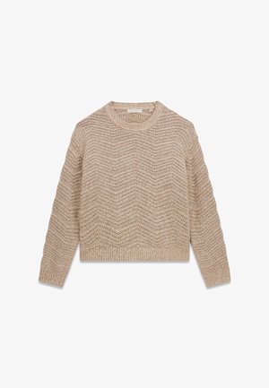 Pull en maille beige avec une texture ondulée, col rond, poignets et ourlet côtelés. Le pull présente une coupe décontractée et des manches longues.