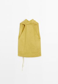Sleeveless yellow linen hooded top with side arm openings and drawstring detail hanging against a white background.