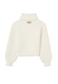 Korte witte trui met een hoge nek, getextureerde kabelgebreide mouwen en geribde zoom. Heeft een klein logotag aan de achterkant.