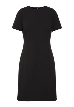 Μαύρο φόρεμα με κοντά μανίκια, μήκους μέχρι το γόνατο, με στρογγυλή λαιμόκοψη και εφαρμοστή μέση, που διαθέτει φερμουάρ στο πίσω μέρος.