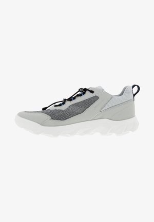 Light grey athletic shoe with mesh and synthetic upper, black laces, blue accents, and a thick white outsole with a textured tread pattern.
