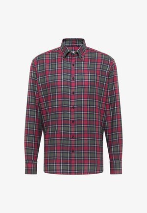 Overhemd met lange mouwen, knoopsluiting, en een ruitpatroon in rood, groen en marineblauw, met een button-down kraag.