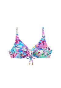 Push-up bikini top met een levendig meerkleurig aquatisch patroon, met sterren, schelpen en bloemenontwerpen; verstelbaar gatherend midden.