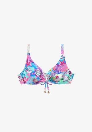 Top de bikini cu push-up, având un model acvatic vibrant multicolor, cu stele de mare, scoici și motive florale; centru ajustabil strâns.