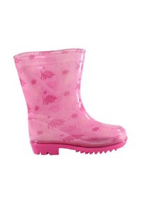 Botte de pluie translucide rose avec des motifs floraux et de feuilles et une semelle texturée pour une meilleure adhérence.