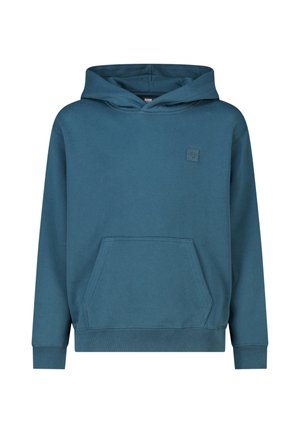 Blauwe pullover hoodie met een voorzak in kangaroostijl, geribde manchetten en zoom, en een klein logo op de linkerborst.