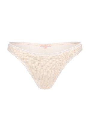 Beige, knitted thong with a textured finish. Features a soft waistband and a delicate scalloped edge. Tag visible inside.