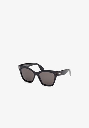 Óculos de sol retangulares pretos com lentes escuras e acabamento brilhante. Apresenta detalhes em dourado sutis nas hastes. Design geométrico elegante.
