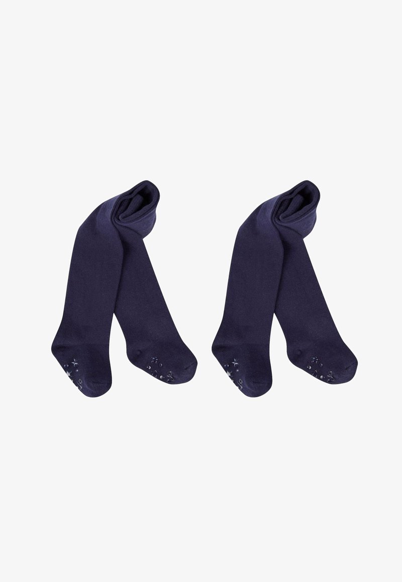 Twee paar donkerblauwe kindermaillot met antislip grippen onder de zolen, weergegeven tegen een witte achtergrond.