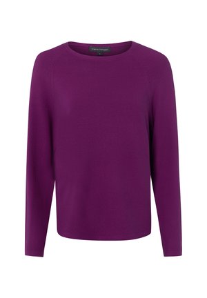 Lila Strickpullover mit langen Ärmeln und Rundhalsausschnitt, schlichtem Design, gekennzeichnet mit Größe Small, auf weißem Hintergrund dargestellt.