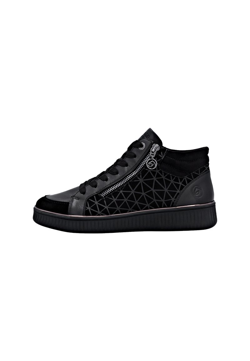 Baskets montantes noires avec un motif triangulaire texturé, en cuir et en daim, lacets à l'avant et détail de fermeture éclair sur le côté, avec une semelle en caoutchouc.