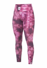 Pink and purple tie-dye leggings with a high waistband. Made from a stretchy fabric featuring a smooth texture and subtle pattern variations.