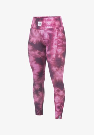 Leggings en tie-dye rose et violet avec une taille haute. Fabriqués à partir d'un tissu extensible présentant une texture douce et des variations de motif subtiles.