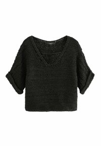 Czarny dzianinowy top z krótkim rękawem i szerokim dekoltem w kształcie litery V. Posiada luźny, prostokątny fason oraz teksturowaną przędzę. Podwinięte mankiety podkreślają design.