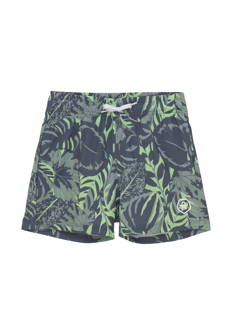 Herrbadkläder med en mörk marinblå bakgrund och gröna bladmönster, elastisk midja och vit dragsko. Snabbtorkande material.