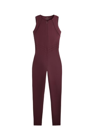 Ärmelloser burgunderfarbener Jumpsuit mit Frontreißverschluss, tailliertem Nahtdesign und schmalen, langen Beinen.
