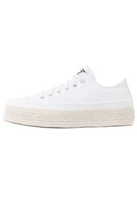 Sneakers bianchi in tela con suola in corda intrecciata testurizzata, dotati di sei fori per i lacci, cuciture trasparenti e un piccolo etichetta con logo sul lato.