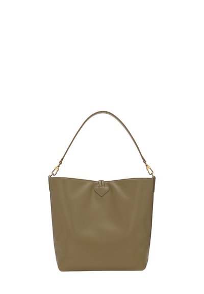 Olive green handbag made of smooth leather, featuring a single rounded strap and a decorative triangular accent at the top.