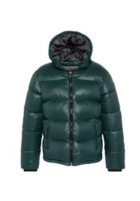 Chaqueta acolchada verde con capucha, cierre frontal de cremallera y puños elásticos. Presenta secciones acolchadas y un forro interior negro en contraste.