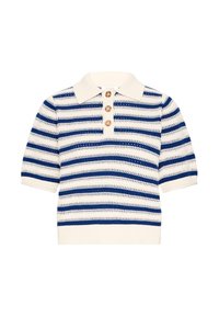Polo en maille à manches courtes avec des rayures horizontales bleues et blanches et trois boutons en bois sur la patte de boutonnage avant.