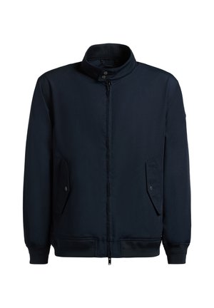 Marineblaue Reißverschlussjacke mit Stehkragen, Taschen mit Druckknopfklappen, gerippten Bündchen und elastischem Saum.